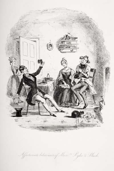 Herrerne Pyke og Plucks kærlige opførsel, illustration fra `Nicholas Nickleby